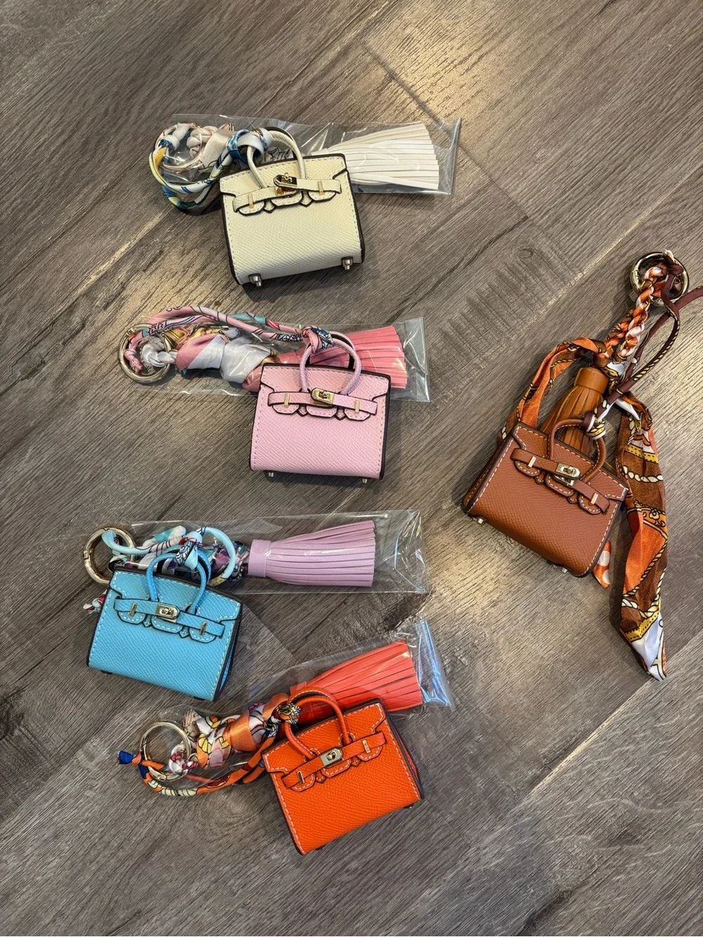 Mini Top Handle Handbag Charm Keychain with Scarf & Tassel – Orange